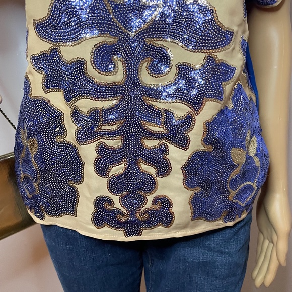 Neiman Marcus Tracy Reese blue silky back w nude front blue sequined front tunic - Picture 6 of 16